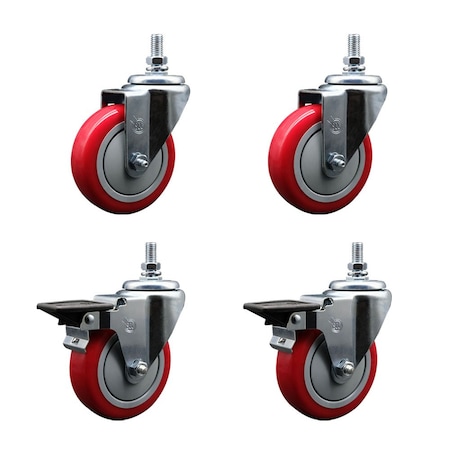 Service Caster 4 Inch Red Polyurethane 12 Inch Threaded Stem Caster Set 2 Brakes SCC SCC-TS20S414-PPUB-RED-121315-2-PLB-2